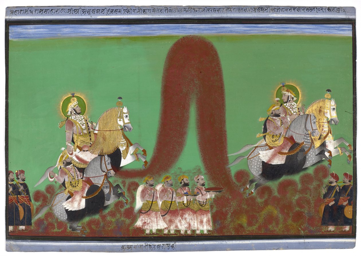 Maharana Shambhu Singh de Mewar Jogando Holi, 1868-69 (guache com ouro sobre papel) de Parasuram Parasuram