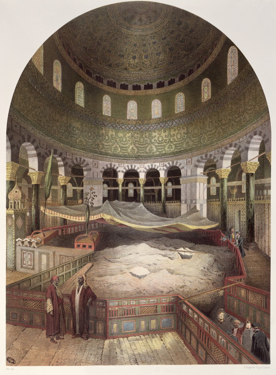 Interior da Mesquita de Omar, ilustração de Souvenirs de Jerusalem por Paris Contremeranti, gravada por Hubert Clerget (1818-1899) e Jules Gaildrau (1816-98) de Paris