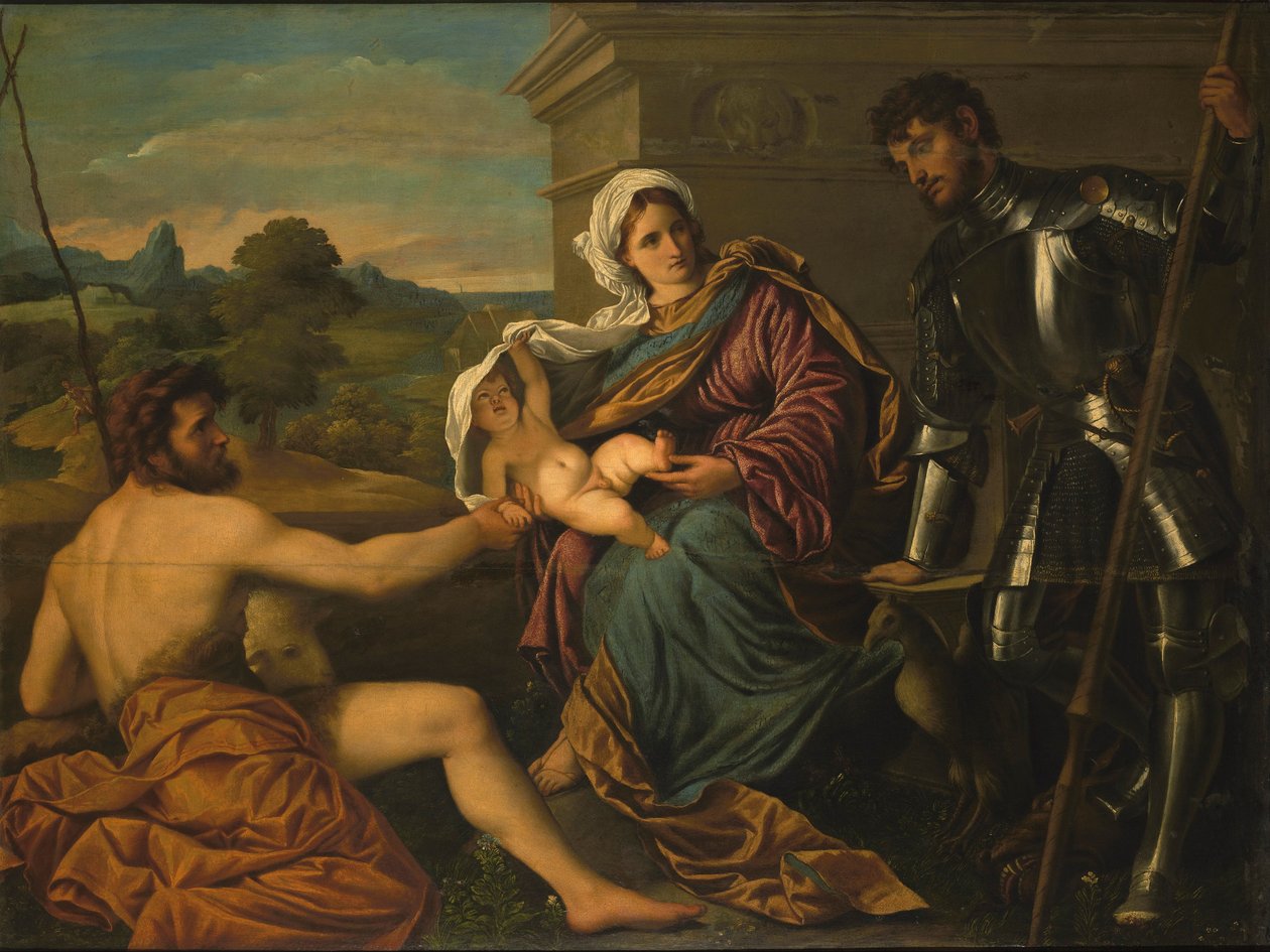 Madonna e Criança com São João Batista e São Jorge (Conversação Sagrada) de Paris Bordone