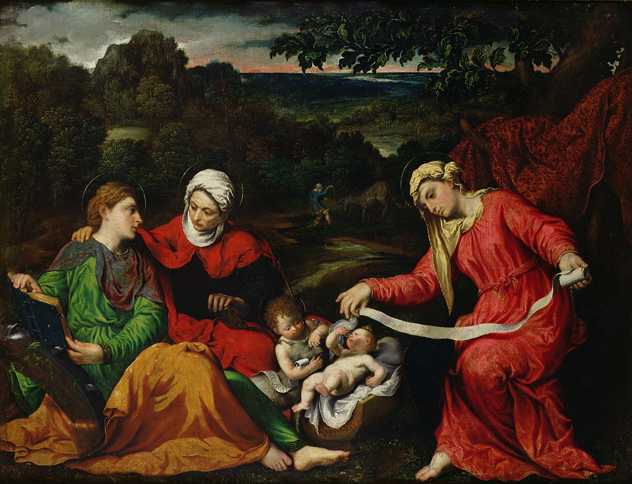 Descanse na fuga para o Egito com São João Batista, Santa Isabel e Santa Catarina c.1545 de Paris Bordone