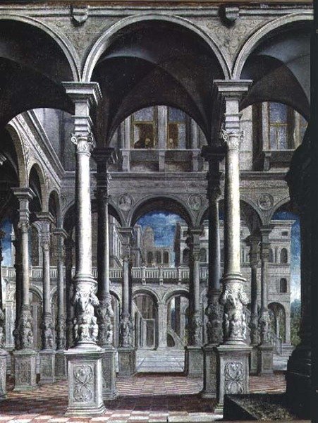 A Anunciação, detalhe da arquitetura, 1545-50 (detalhe de 89723) de Paris Bordone