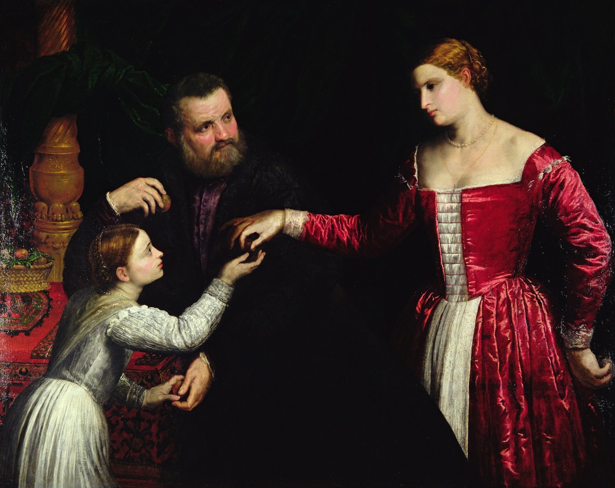 Uma senhora e um cavalheiro com a filha (óleo sobre tela) de Paris Bordone