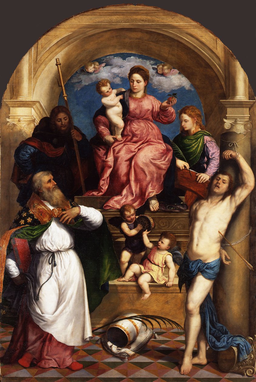Madonna entronizada com a Criança e os Santos, ca 1530 de Paris Bordone