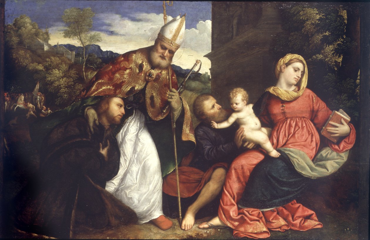 Sagrada Família com Santo Ambrósio apresentando um doador, c.1525 (óleo sobre painel) de Paris Bordone