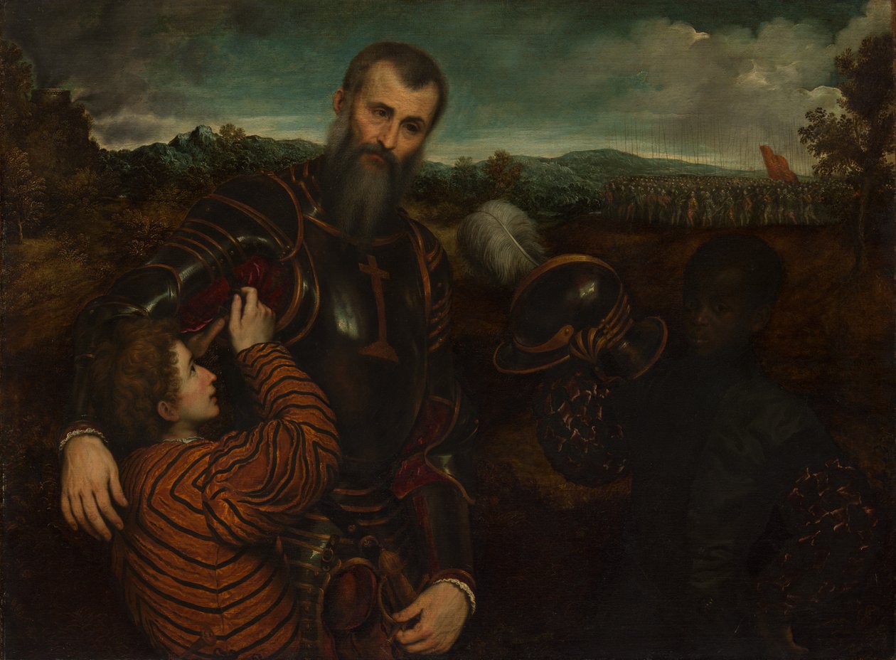 Retrato de um homem de armadura com duas páginas. de Paris Bordone