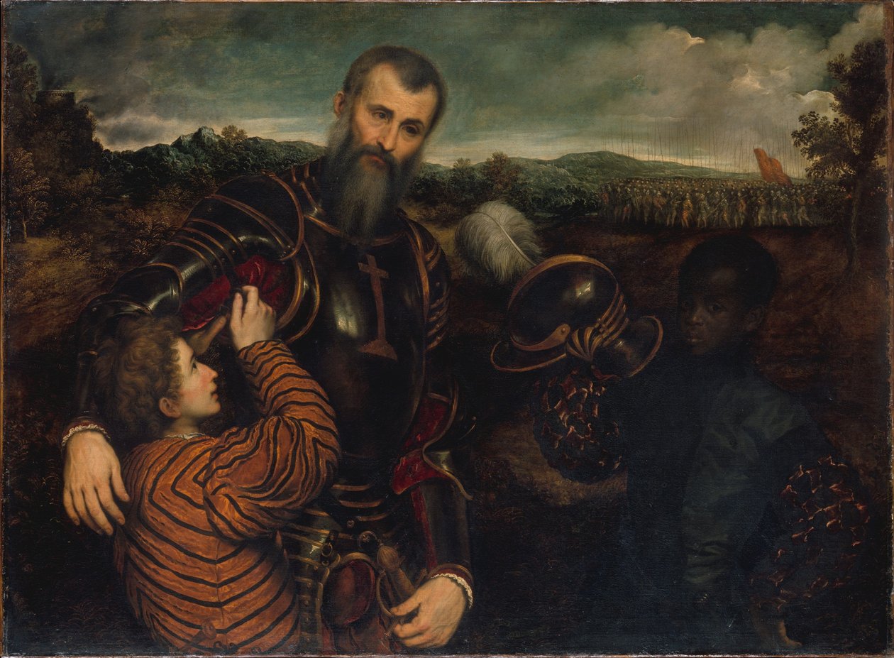 Retrato de um homem de armadura com duas páginas de Paris Bordone
