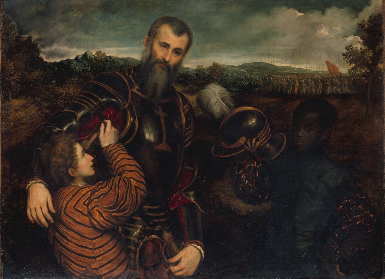 Retrato de um homem de armadura com duas páginas de Paris Bordone
