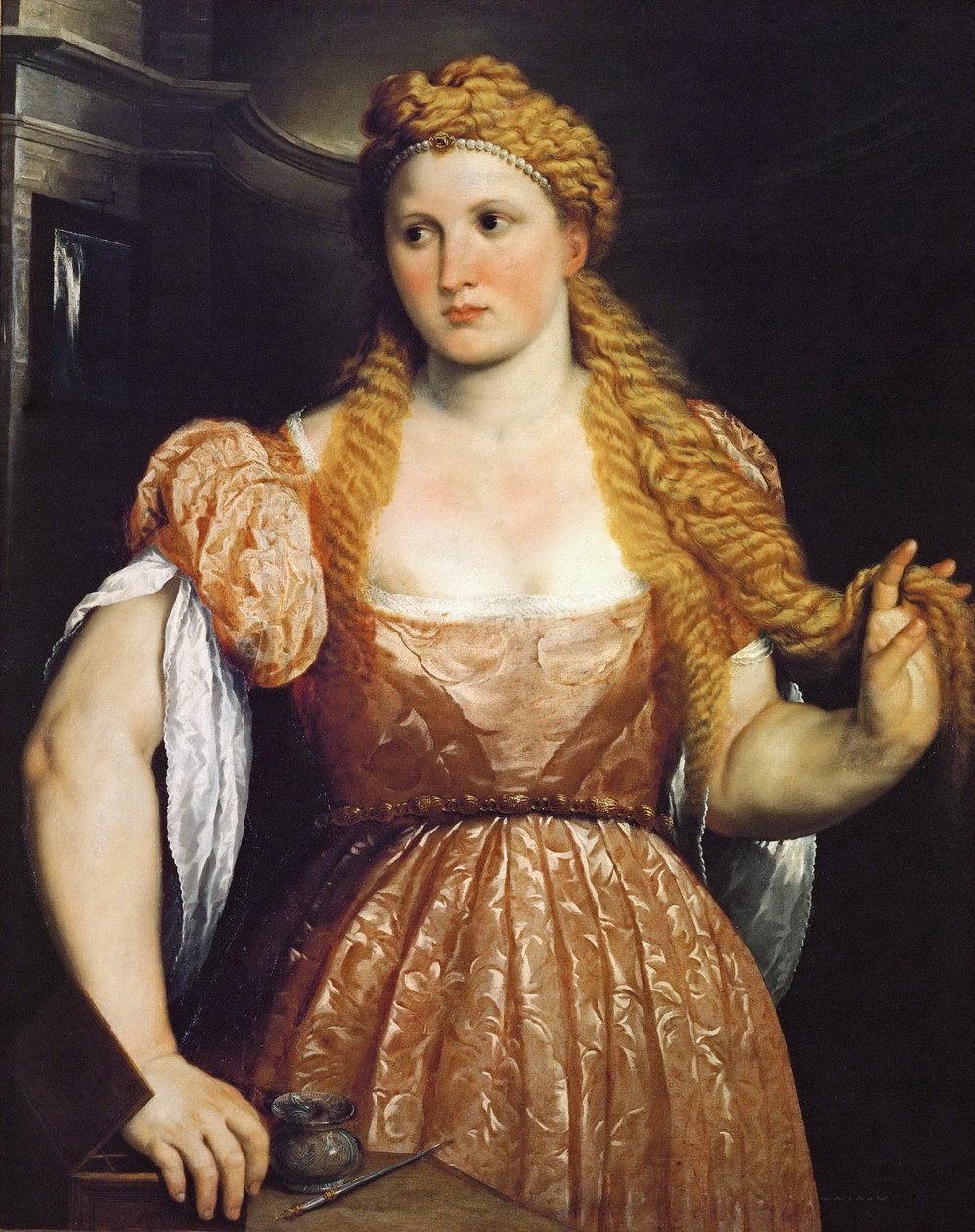 Retrato de uma jovem mulher no seu banheiro - Paris Bordone (Bordon) (1500-1571). Óleo sobre tela, c. 1550. Dimensão : 102x81 cm. Museu de História de Arte, Vienne de Paris Bordone
