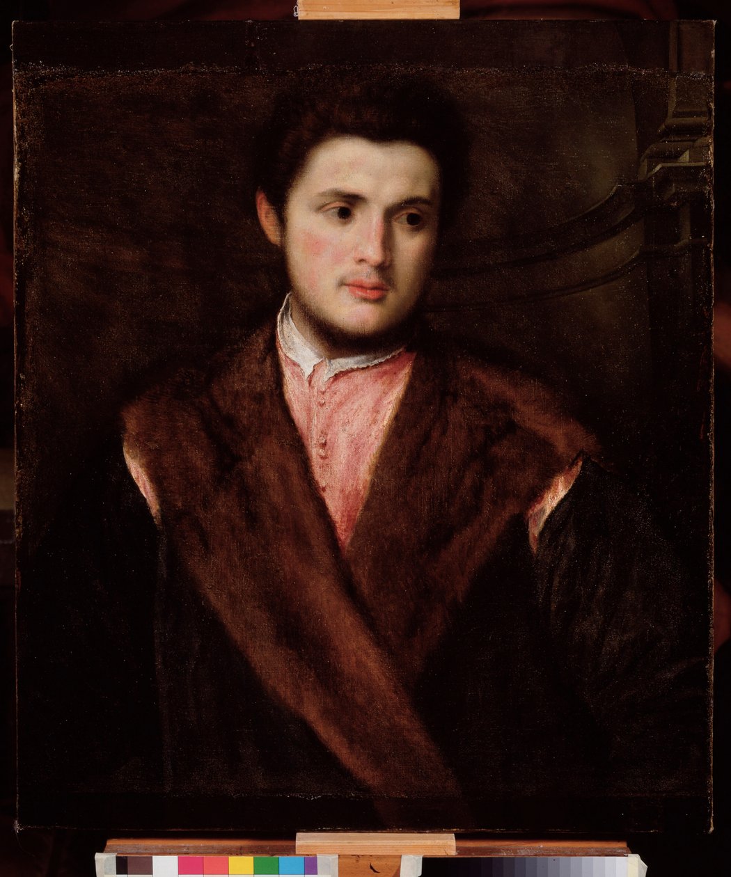 Retrato de um jovem usando um casaco de pele Pintura de Paris Bordon (1500-1571) Século XVI Dim 75x64 cm Genes Musei di Strada Nuova (ex Palazzo Rosso) de Paris Bordone