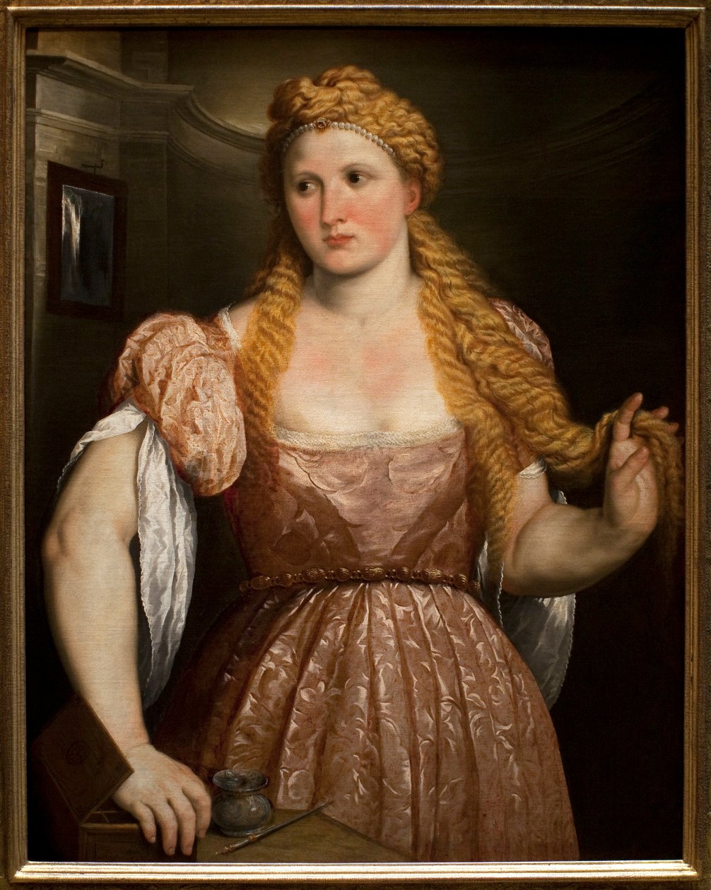 Retrato de uma jovem mulher. Pintura de Paris Bordone (ou Bordon) (1495-1571), óleo sobre tela, cerca de 1550. Arte Italiana (Veneza) de Paris Bordone