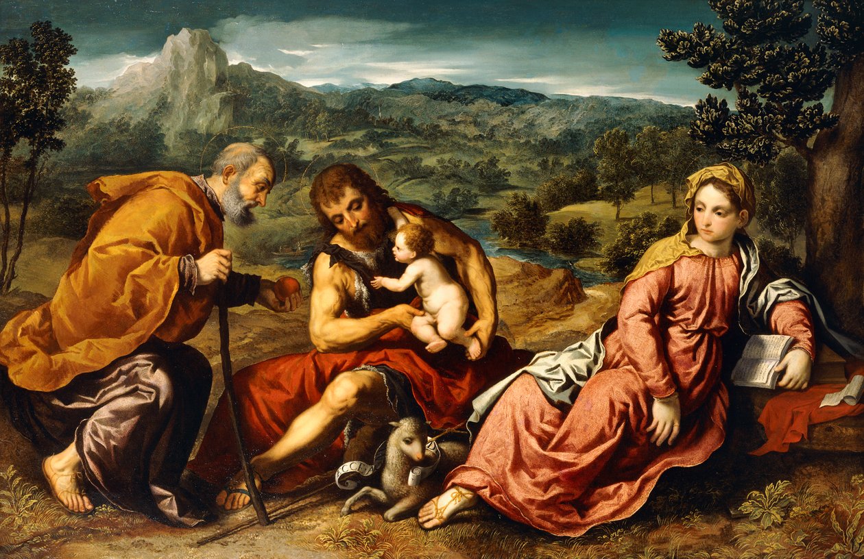A Sagrada Família com São João Batista em uma Paisagem, 1545-50 de Paris Bordone
