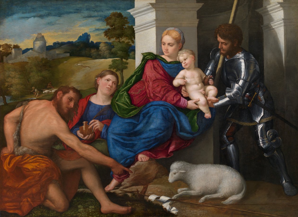 A Virgem e o Menino com os Santos João Batista, Maria Madalena e Jorge (possivelmente), c.1524 (óleo sobre painel) de Paris Bordone