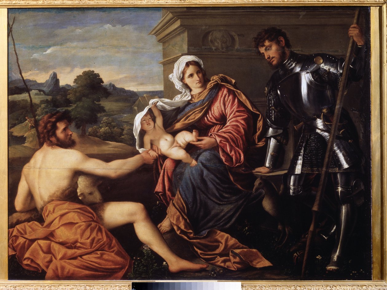 "Madonna e Criança, São João Batista e São Jorge" (Madonna e Criança, São João Batista e São Jorge) Pintura de Paris Bordon ou Bordone (1500-1571) por volta de 1530 Pouchkine Museum, Moscou de Paris Bordone