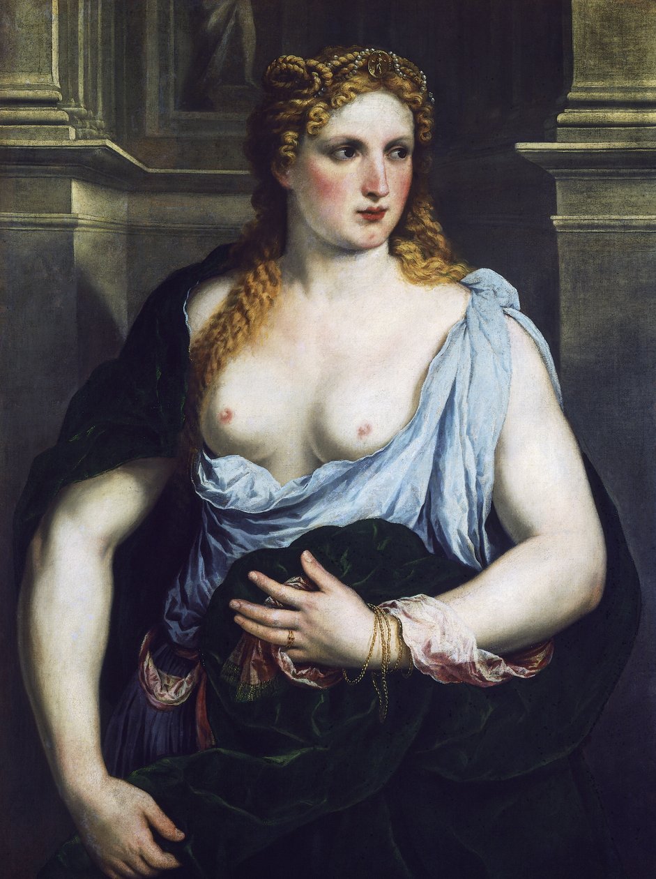 Mulher com manto verde, c.1550 (óleo sobre tela) de Paris Bordone