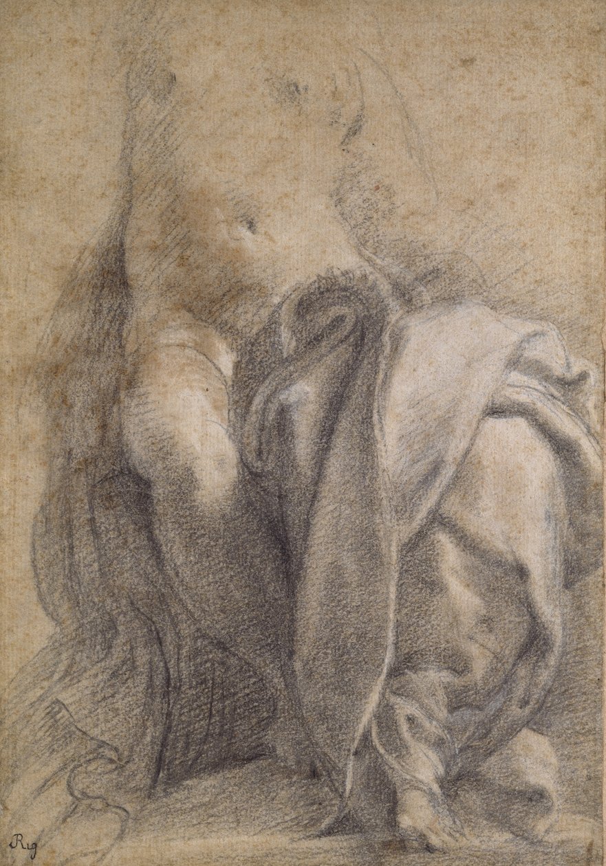 Recto: Mulher semi-nua sentada usando Drapery (giz preto e branco sobre papel) de Parmigianino