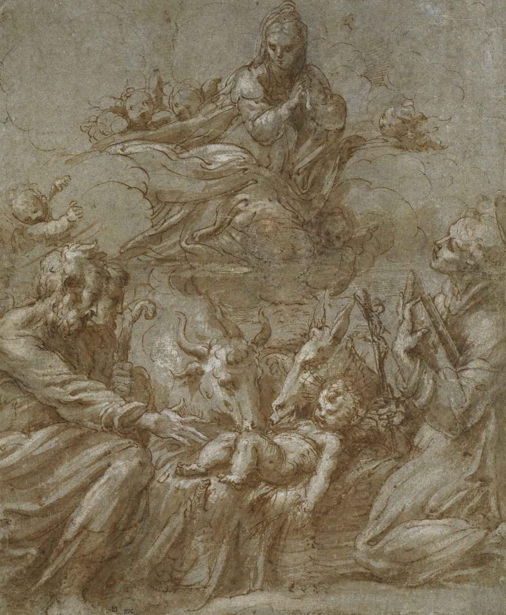 A Natividade de Cristo (caneta e tinta marrom lavada em cinza e aumentada com bodycolour branco em papel cinza-azulado) de Parmigianino