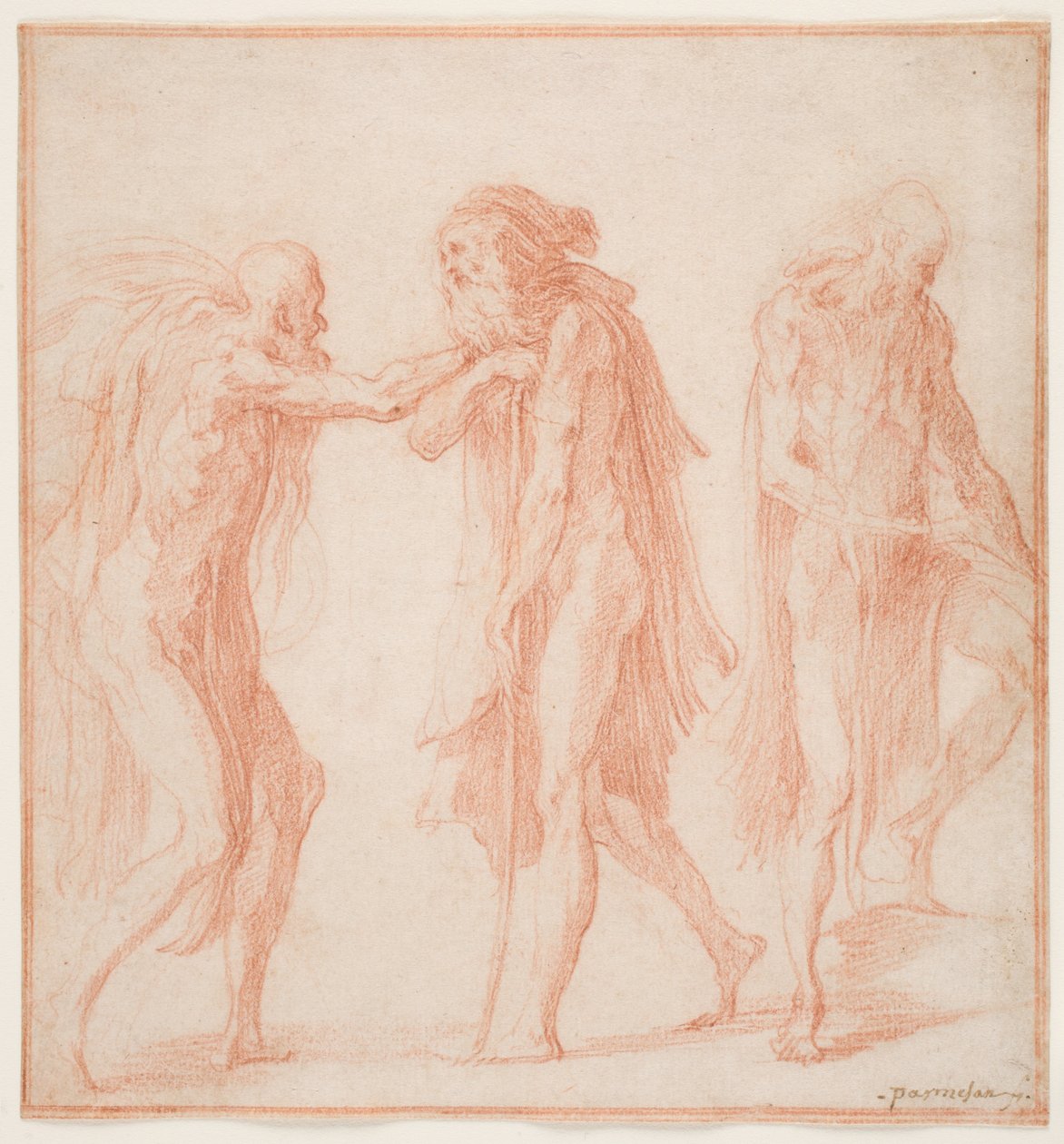 Três homens idosos, c.1535 (giz vermelho sobre papel) de Parmigianino