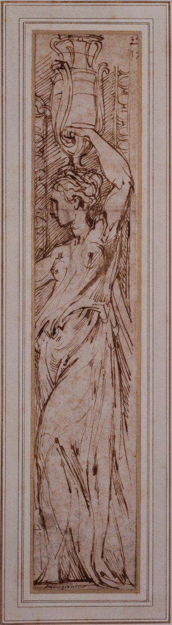 A Canephoros em Perfil à Esquerda (caneta, tinta e aguada no papel) de Parmigianino