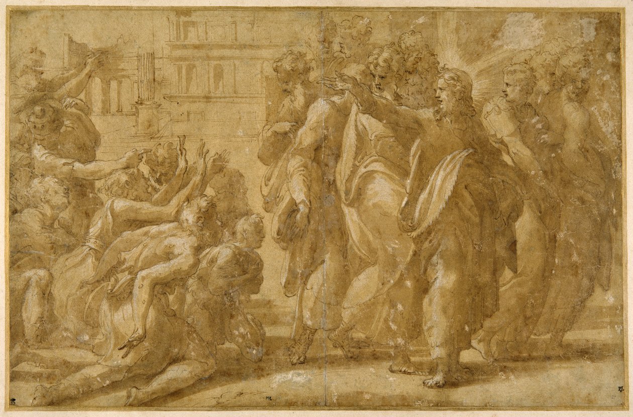Cristo com os seus discípulos a curar os leprosos (caneta, tinta, lavagem e cor de corpo sobre papel) de Parmigianino (1503 40)