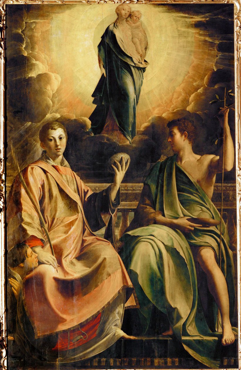 Nossa Senhora com Santo Estêvão e o doador, e São João Batista ... de Parmigianino (1503 40)