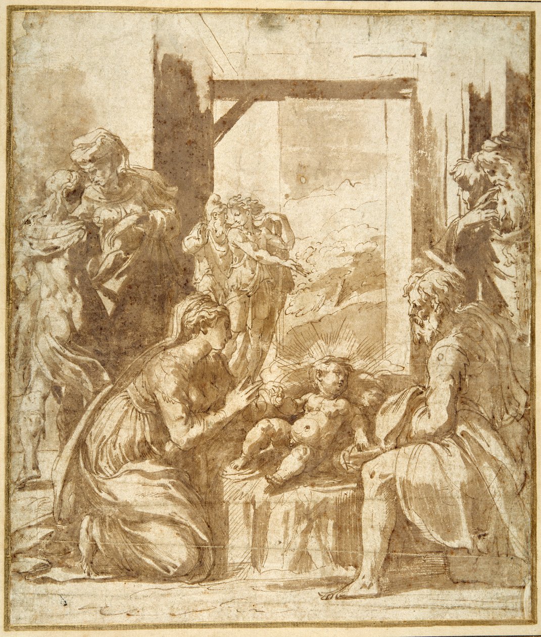 A Natividade (caneta e tinta marrom com lavagem marrom em papel branco) de Parmigianino