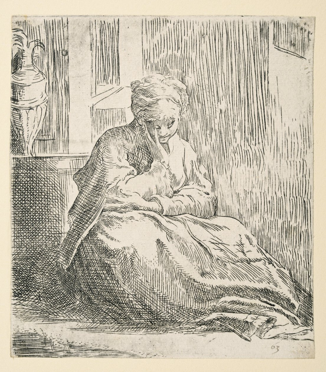 Mulher sentada no chão, conhecida como Saint Thais (Etching) de Parmigianino