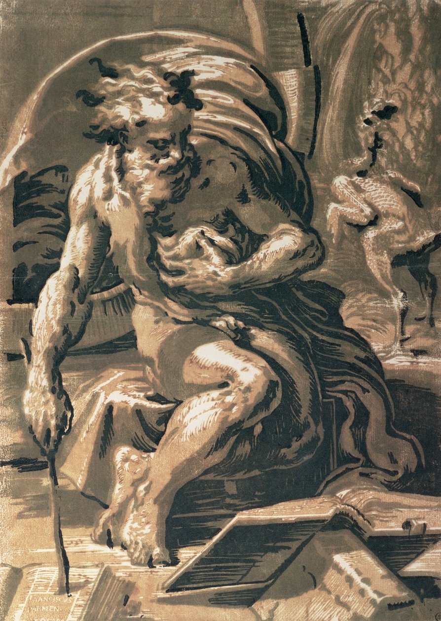 Diógenes, gravada por Ugo da Carpi (1470 - 80-1532) (xilogravura claro-escuro) de Parmigianino 