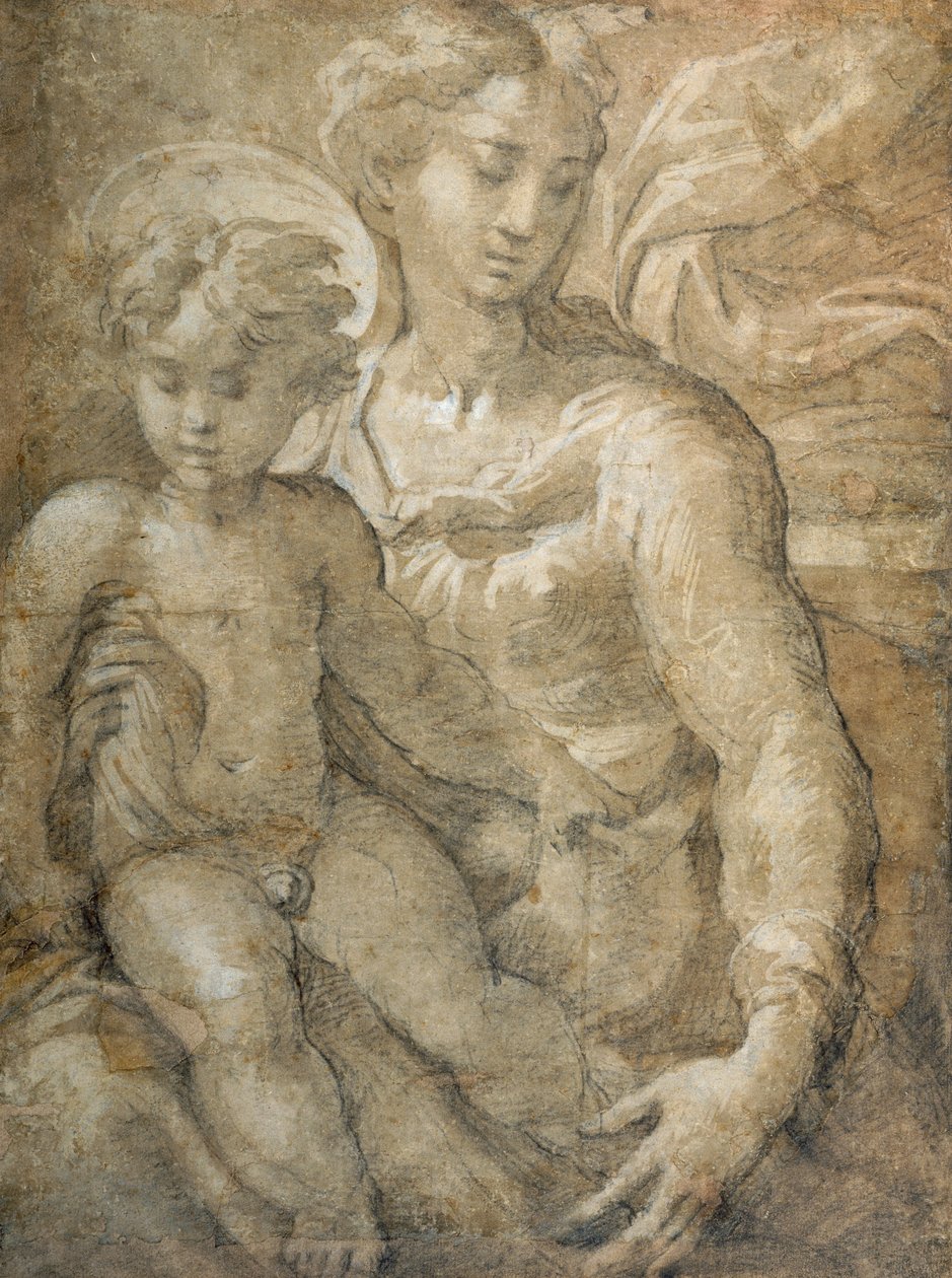 Virgem com o Menino no colo (giz preto com lavagem castanha e cor de corpo branca no papel) de Parmigianino 