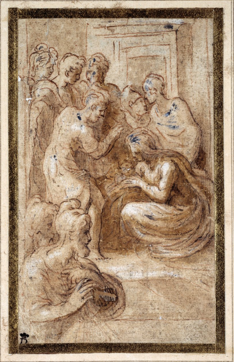 Adoração da Sagrada Família em um interior (caneta e tinta marrom com lavagem marrom e aumento branco em papel creme) de Parmigianino 