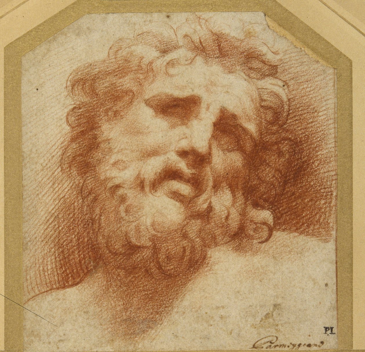 Uma cabeça barbudo, olhando para cima (possivelmente Laocoon) (giz vermelho sobre papel branco) de Parmigianino