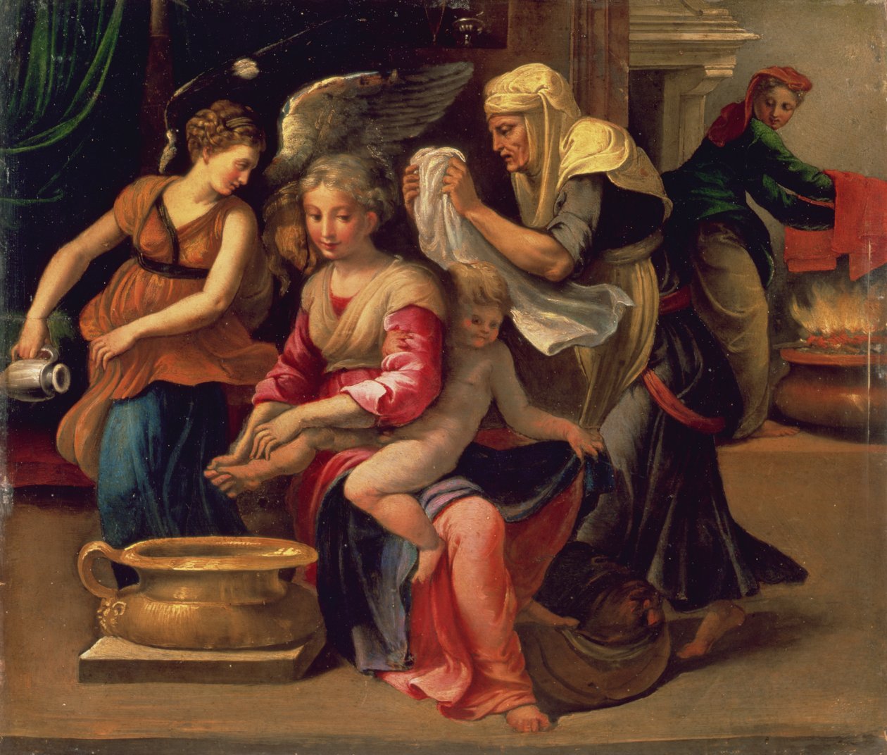 Banho de bebê (óleo no painel) de Parmigianino
