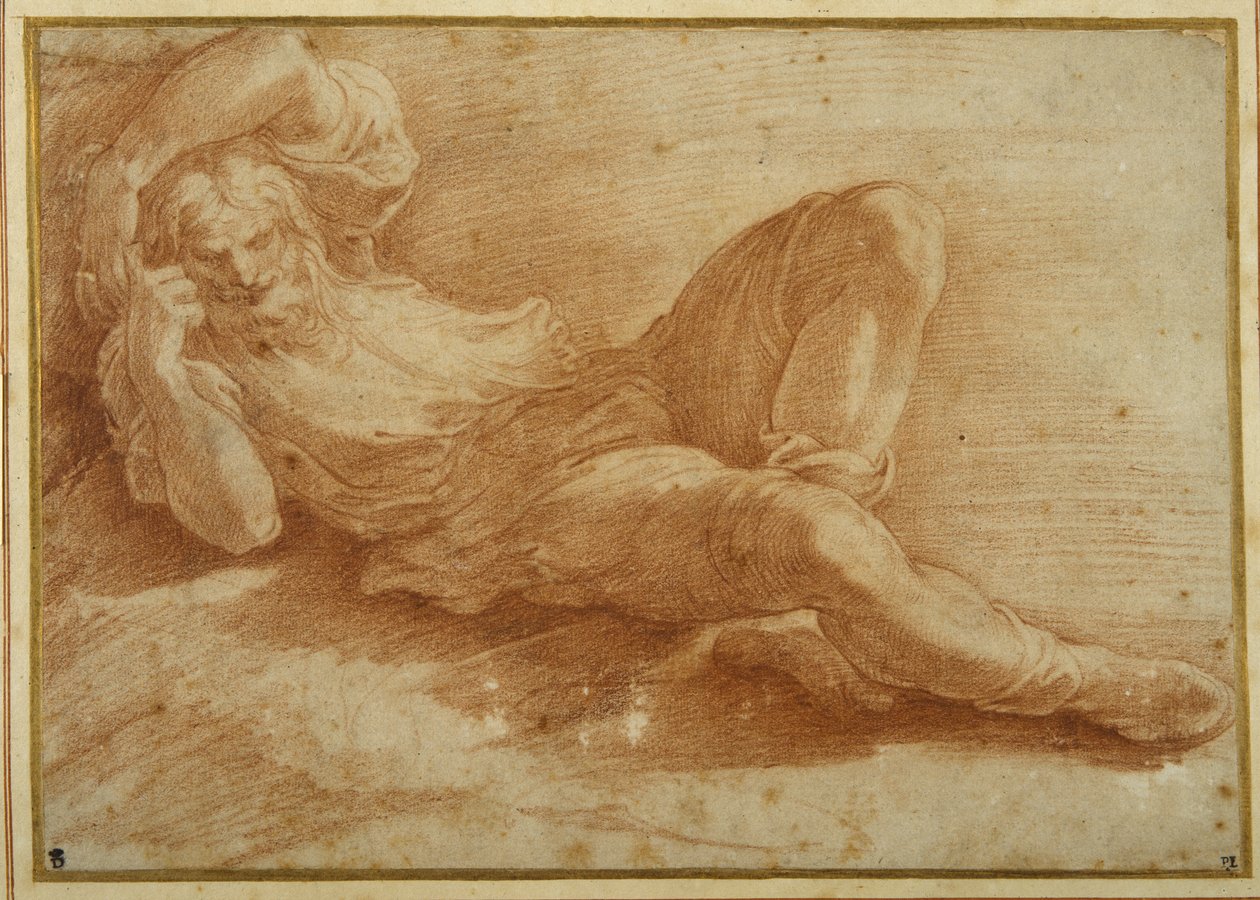 Figura barbada, a dormir (giz vermelho sobre papel branco) de Parmigianino