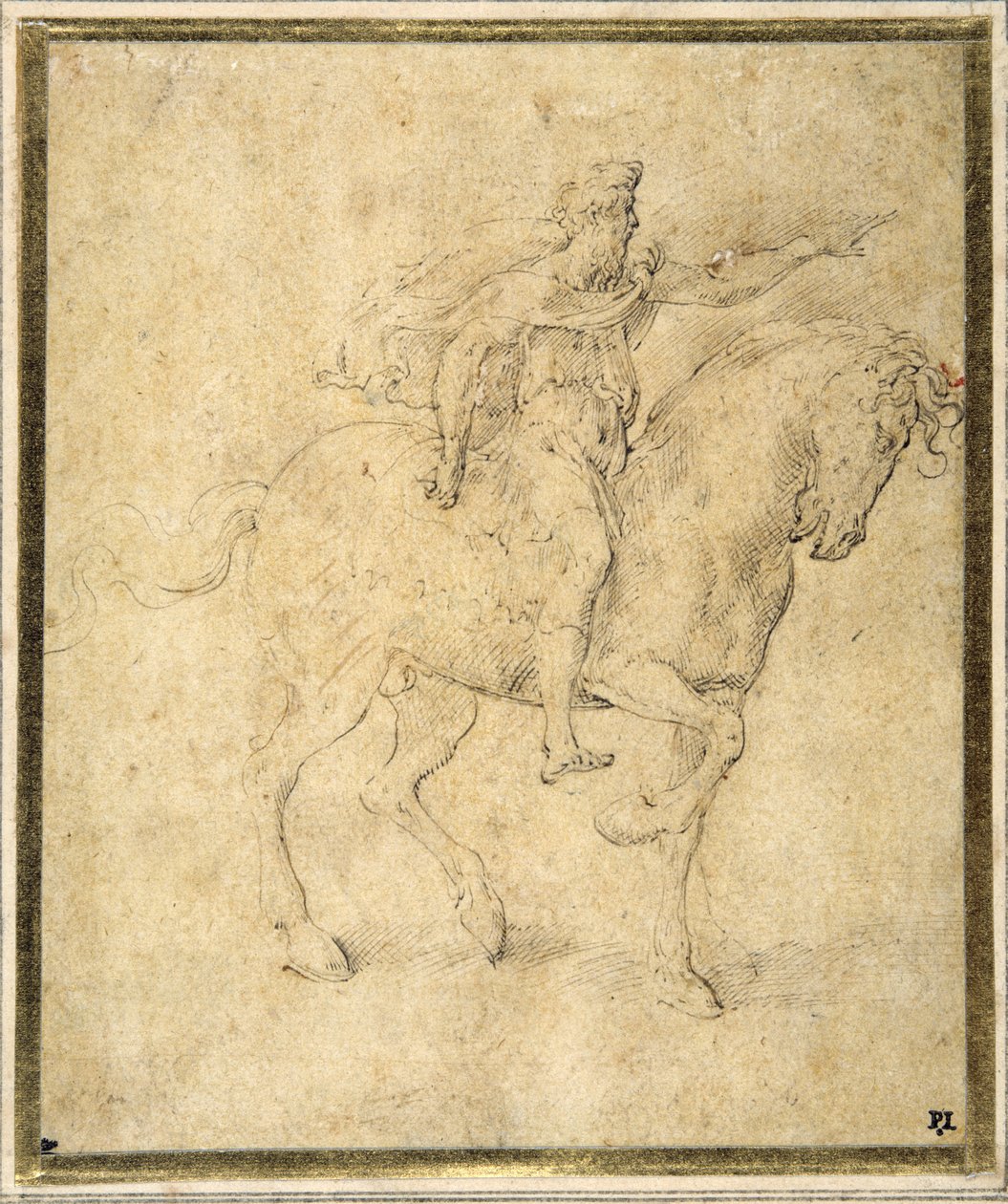 Figura equestre (caneta e tinta castanha com lavagem castanha em papel branco) de Parmigianino