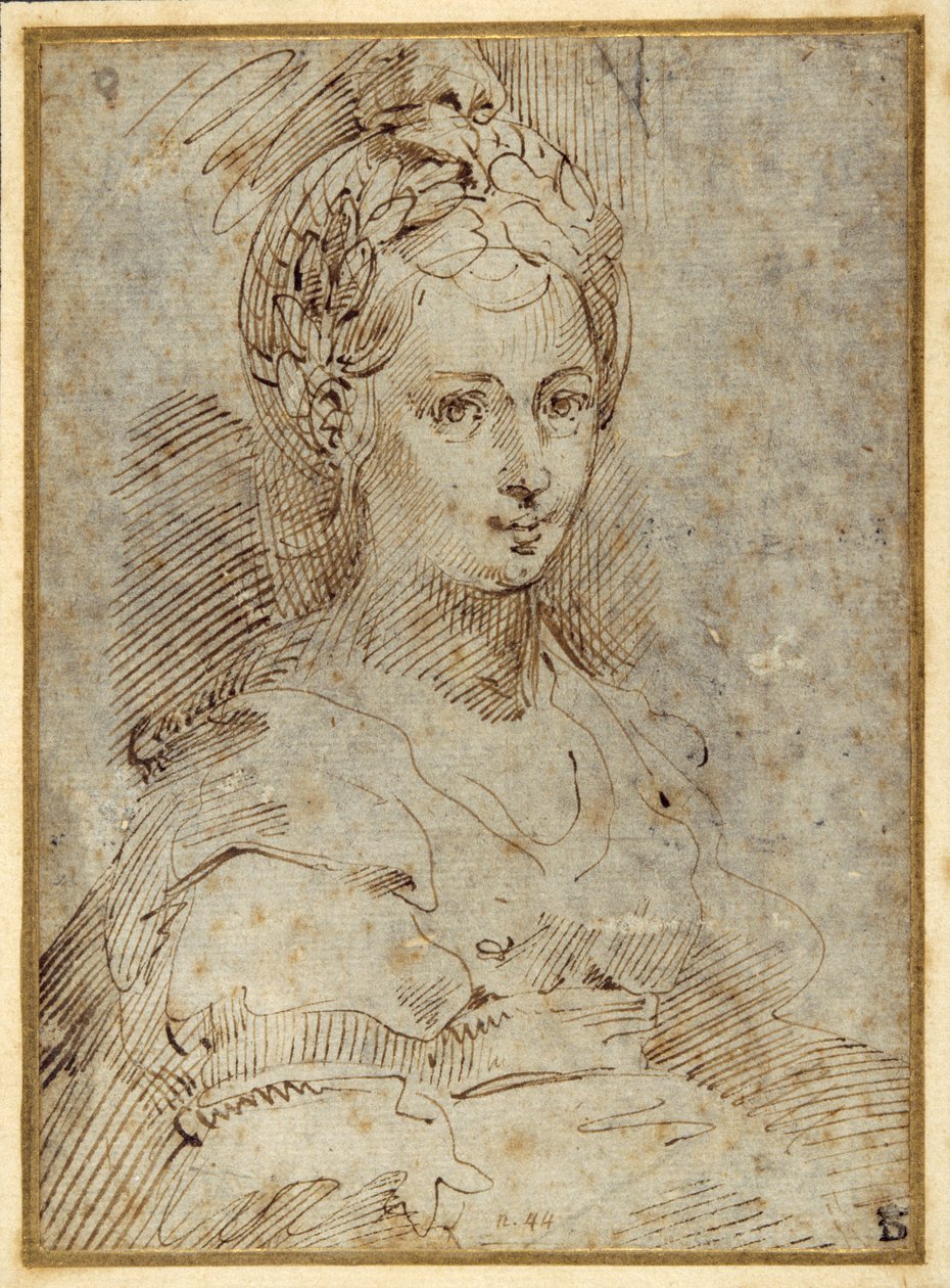 Meio comprimento de uma mulher sentada (caneta e tinta sobre papel) de Parmigianino