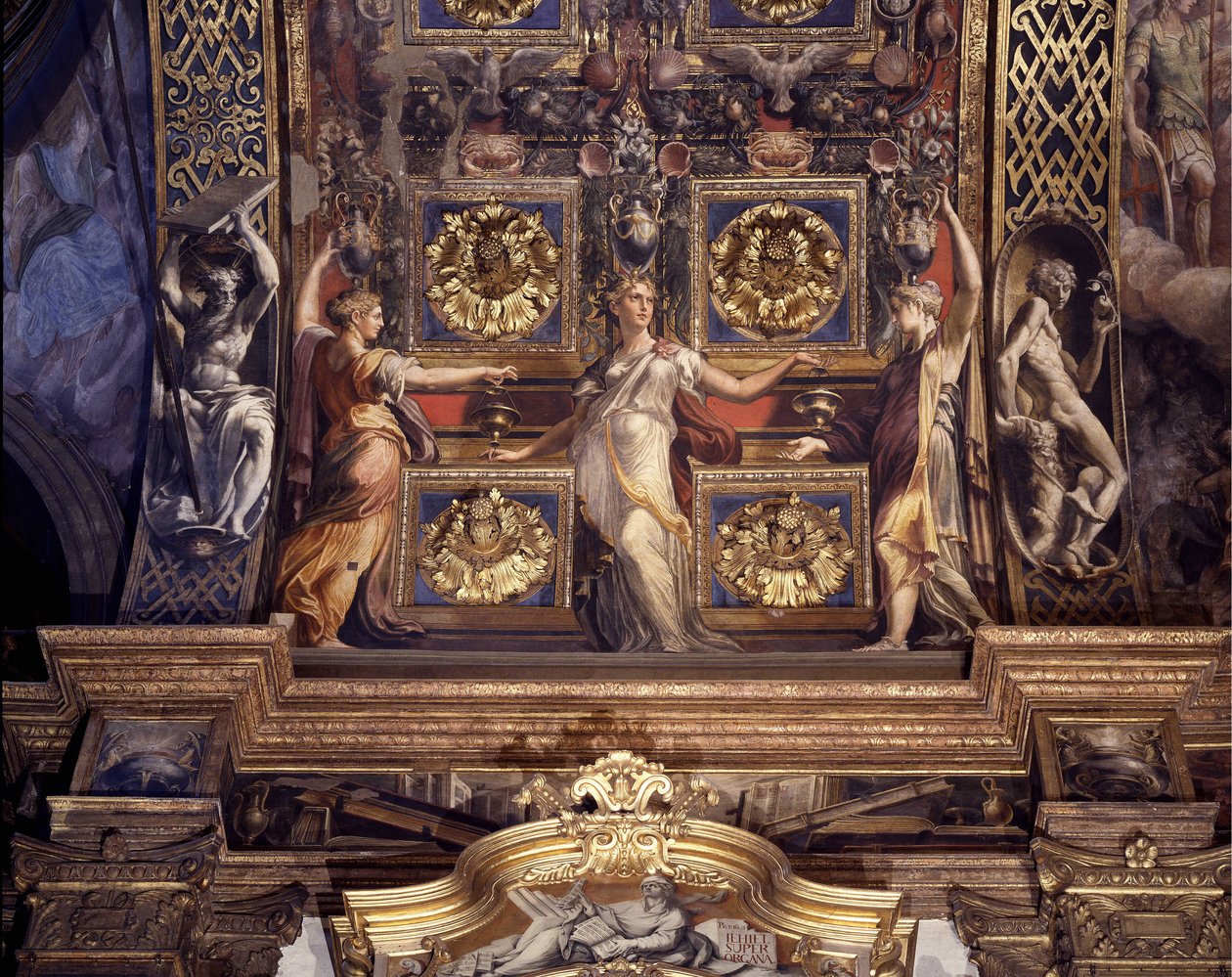 Três das cinco virgens loucas. Detalhe dos afrescos de Francesco Mazzola (1503-1540) conhecidos como O Parmigianino (O Parmesão) que decoram a abóbada principal da Capela Maior da Igreja da Madonna della Steccata em Parma. de Parmigianino