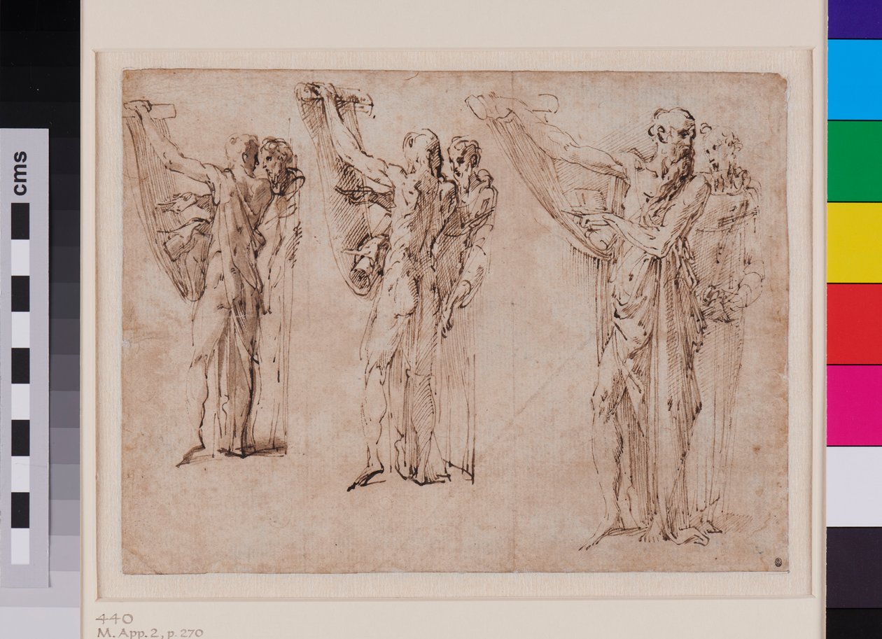 Três estudos de São Jerónimo e São Francisco em conversa, anverso c. 1534 - 1539 (caneta e tinta castanha com lavagem cinzenta sobre papel vegetal) de Parmigianino (1503-40)