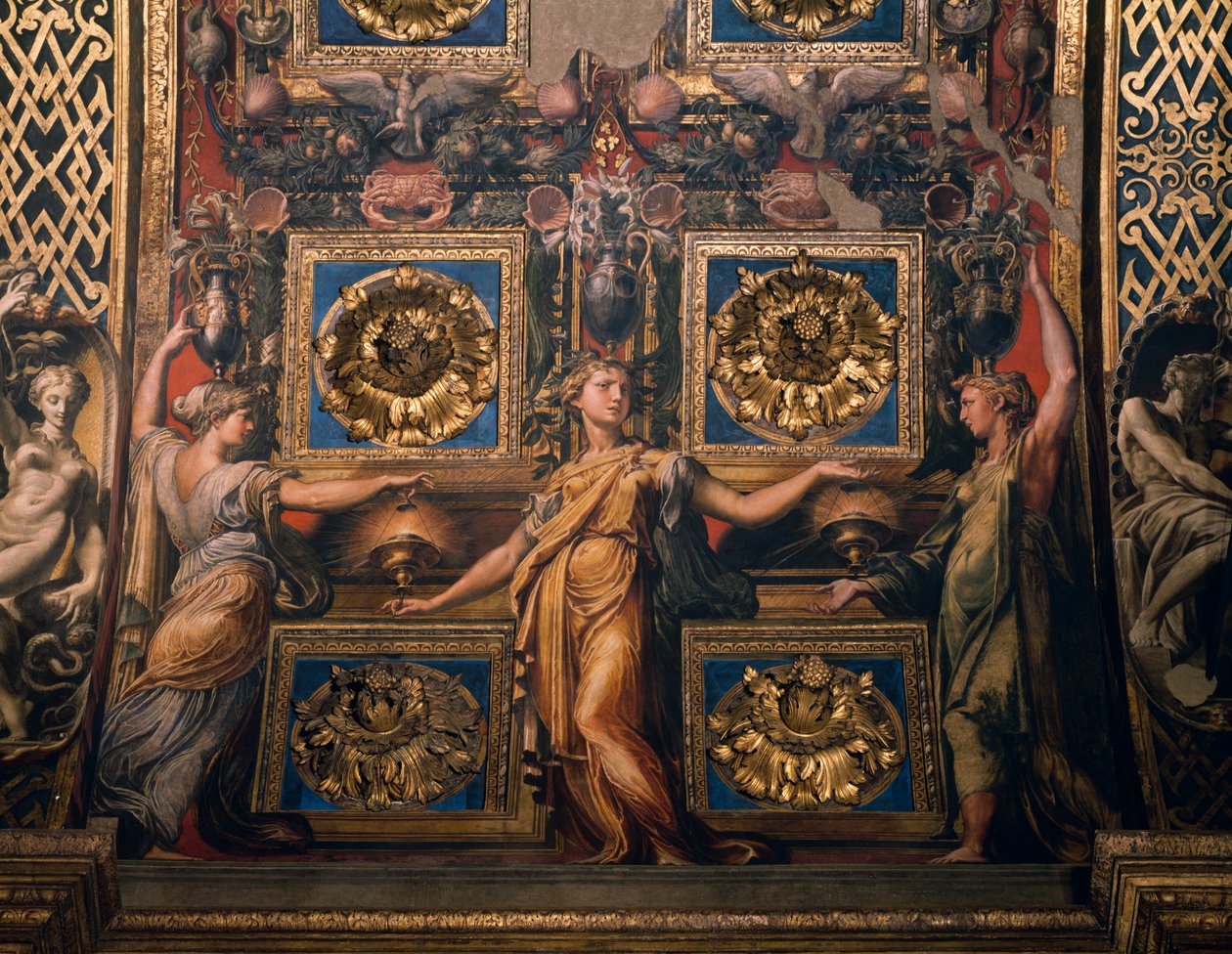 Três virgens sábias, detalhe de Três virgens sábias e três virgens tolas, de Francesco Mazzola conhecido como Il Parmigianino, afresco, abaixo do arco do presbitério, Santuário de Santa Maria della Steccata, Parma, Emilia-Romagna. Itália de Parmigianino