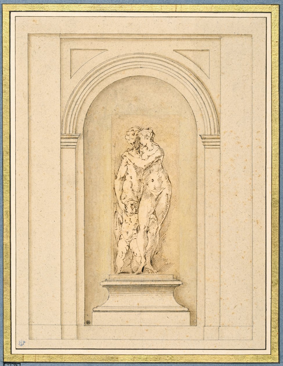 Duas figuras e um cupido rodeado por uma moldura arquitectónica posterior de Parmigianino