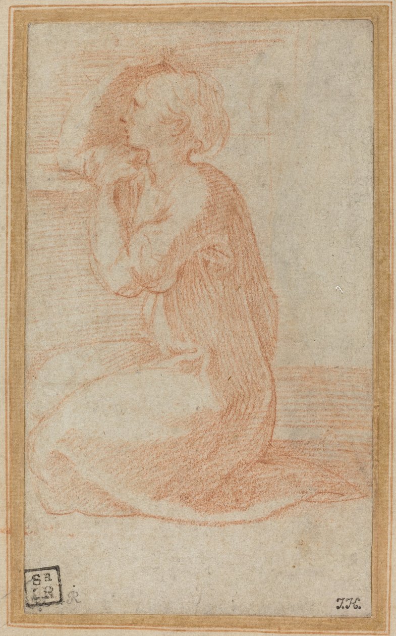 Mulher ajoelhada, levantando a mão na cabeça de Parmigianino