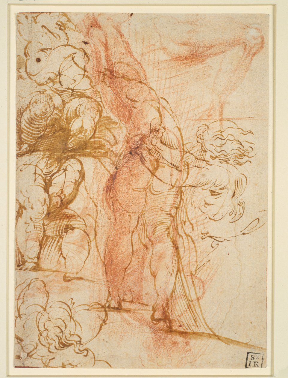 Mehrere Beinstudien von Putten, einwärts laufender Männerakt, Beinstudie und stehende Figur de Parmigianino