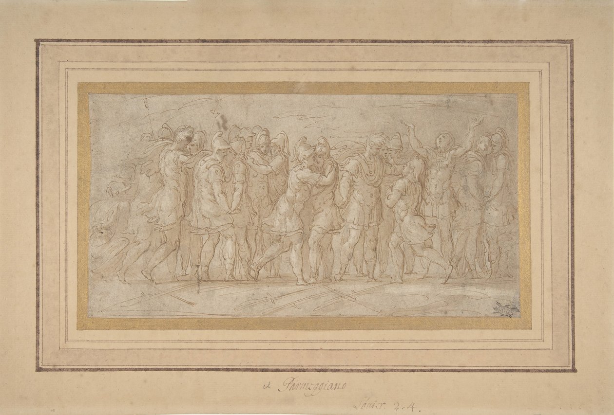 Guerreiros romanos ou gregos celebrando depois de uma vitória., 1503-40. de Parmigianino