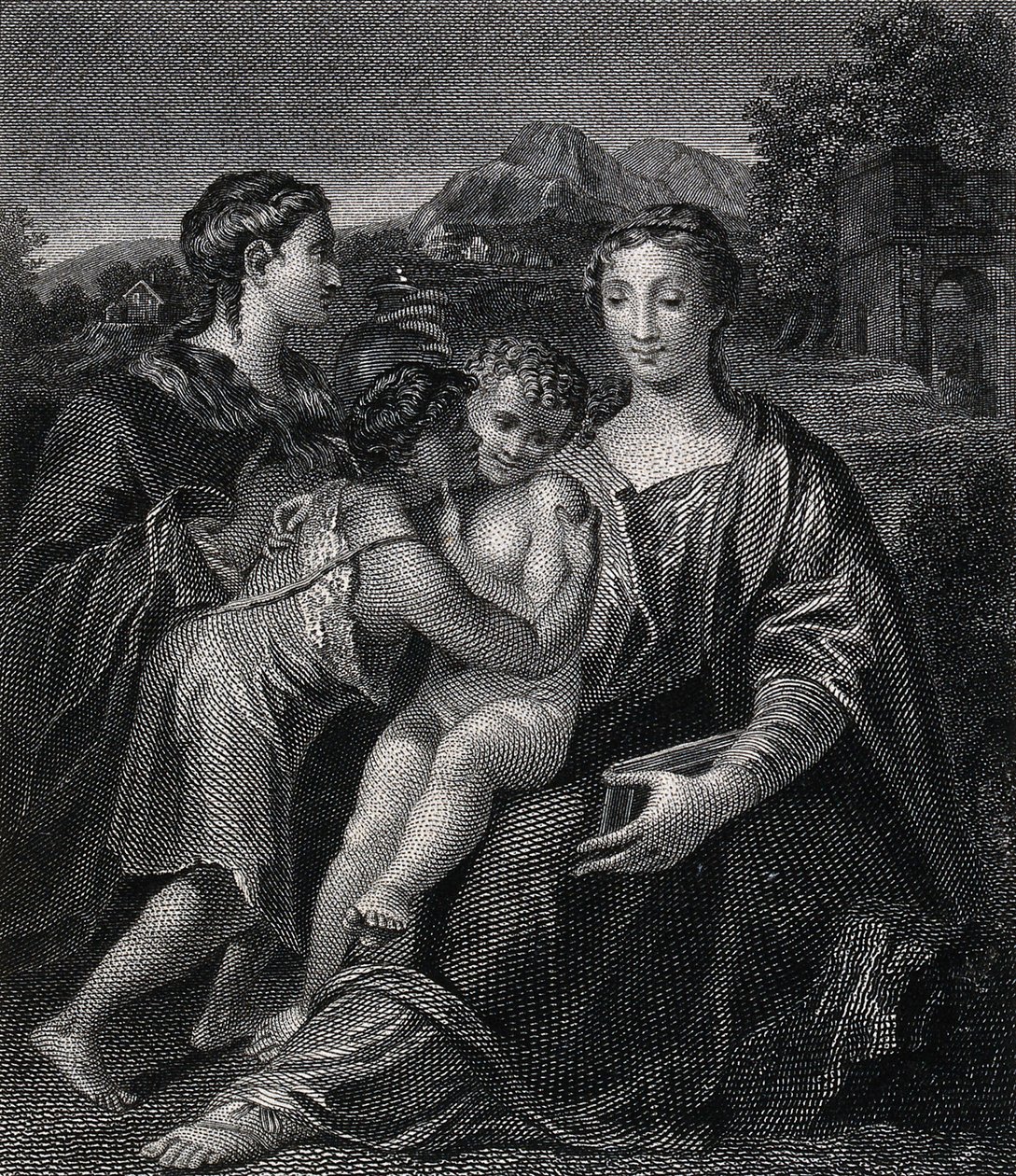 Santa Maria (a Bem-Aventurada Virgem) com o Menino Jesus, São João Batista e Santa Maria Madalena. Gravura segundo G.F.M. Mazzola, il Parmigianino. de Parmigianino