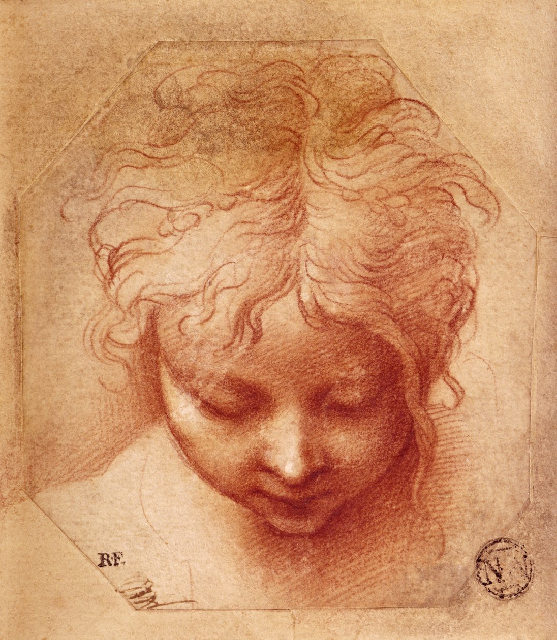 Estudo de uma cabeça (giz vermelho sobre papel) de Parmigianino