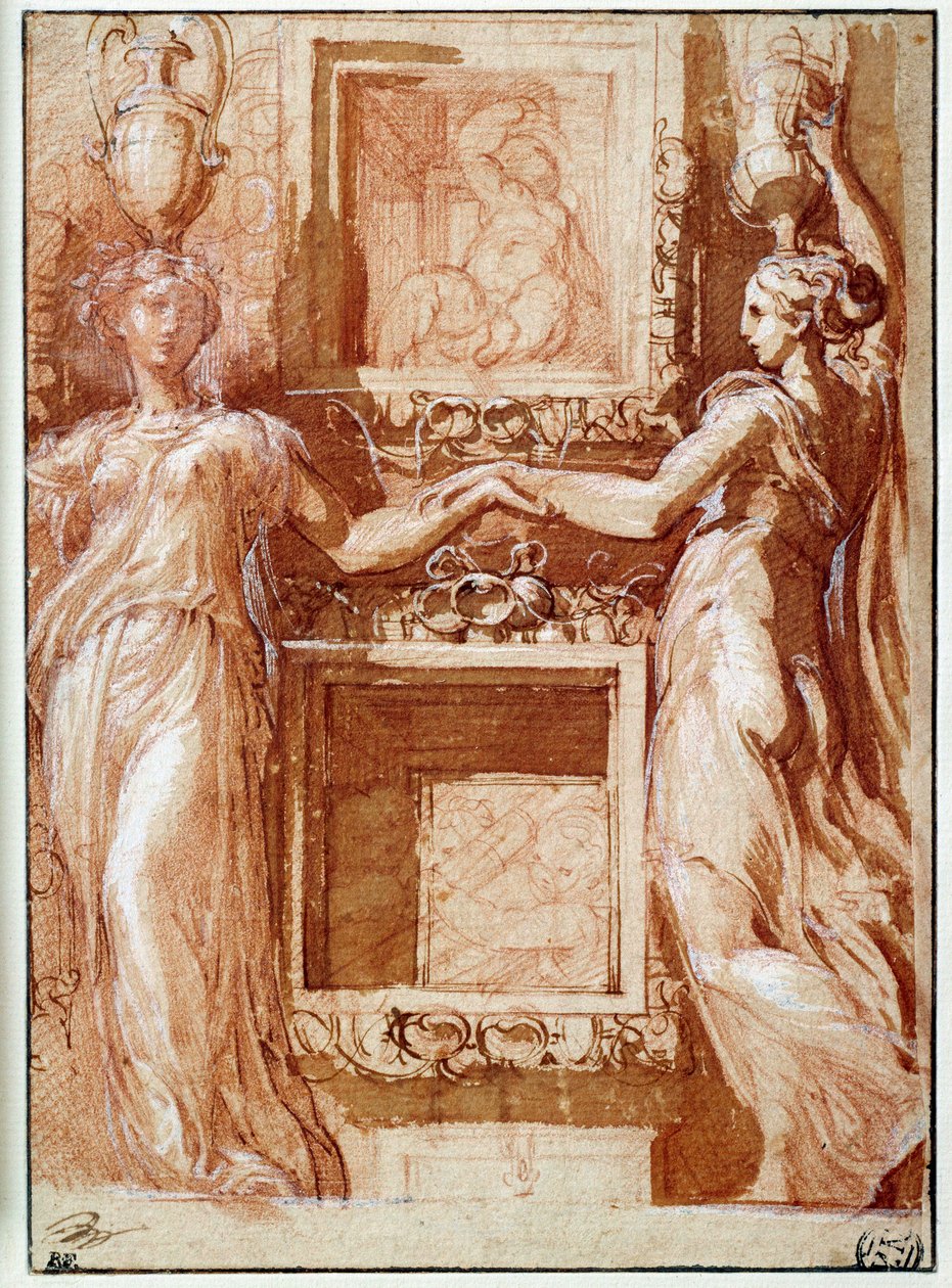 Dois canéforos dando a mão, em ambos os lados das caixas Desenho em tinta, aguado, sangue e abas brancas por Girolamo Francesco Maria Mazzola dit Parmigianino ou Le Parmesan de Parmigianino
