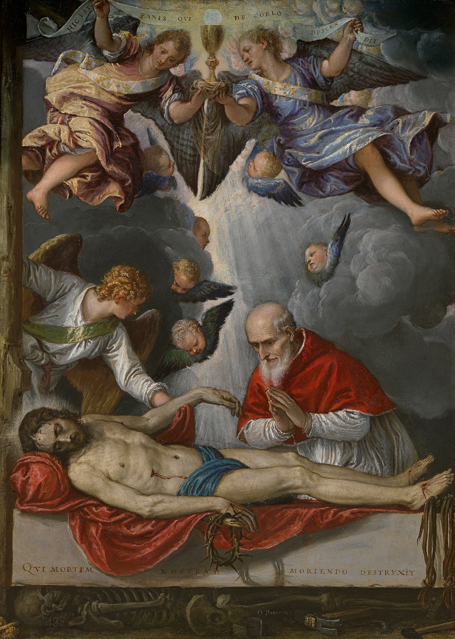 Espanhol:  Cristo yacente adorado por el papa Pío V O Cristo morto venerado por Pio V de Parrasio Micheli