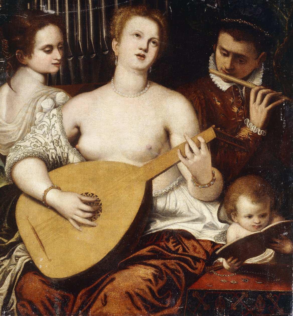 Duas meninas e um jovem fazendo música, de Parrasio Micheli