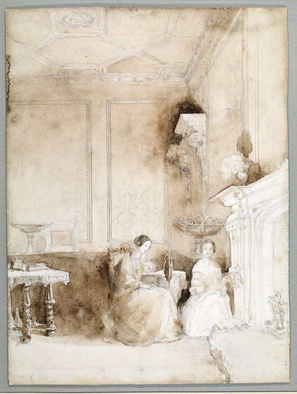 Florence Nightingale e Marianne Nicholson na sala de desenho em Embley, c.1830 (lápis e lavagem no papel) de Parthenope Nightingale