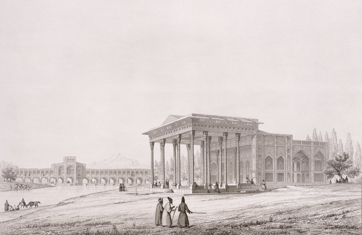Vista Exterior do Pavilhão dos Espelhos, Isfahan, placa 33 de &39;Monumentos Modernos da Pérsia&39;, gravada por Claude Sauvageot (1832-85) 1856 de Pascal Xavier Coste