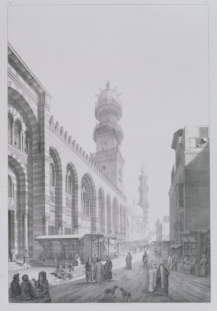 Exterior da Mesquita de Qalaoun, placa 20 de &39;Monumentos e edifícios do Cairo&39;, gravada por Auguste Hibon (1780-1857) 1829 de Pascal Xavier Coste