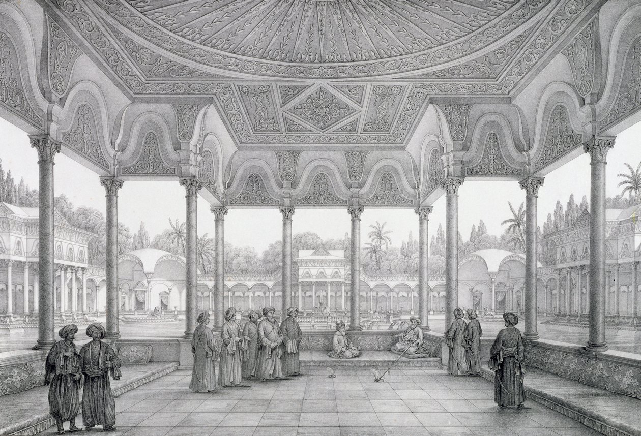 Fonte e Quiosque do Jardim de Choubrah, de &39;Monumentos e Edifícios do Cairo&39;, gravado por Auguste Hibon (1780-1857) publicado por Letronne, Paris, 1829 de Pascal Xavier Coste